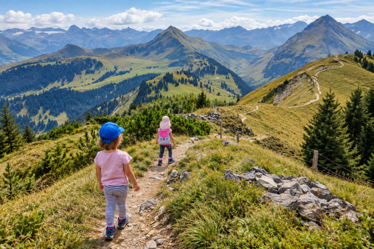 Kinder auf der Rinderberg-Horneggli Wanderung mit Bergpanorama