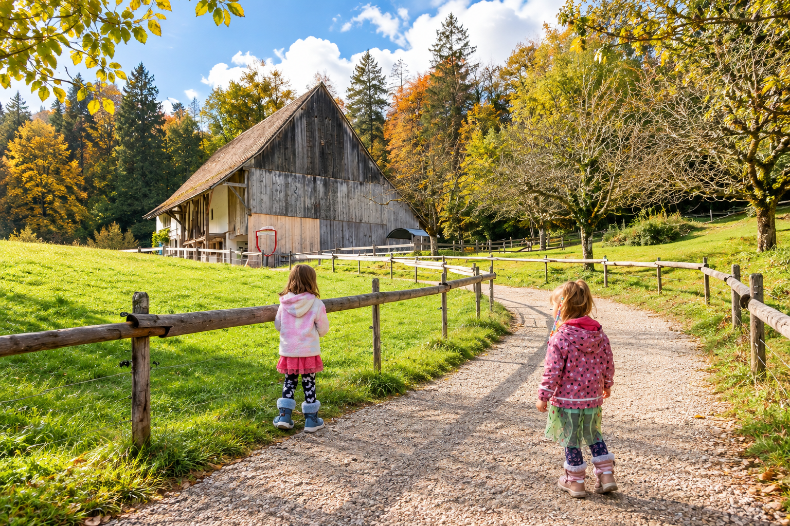 Freilichtmuseum Ballenberg mit Kindern auf dem Weg zu einem historischen Bauernhaus