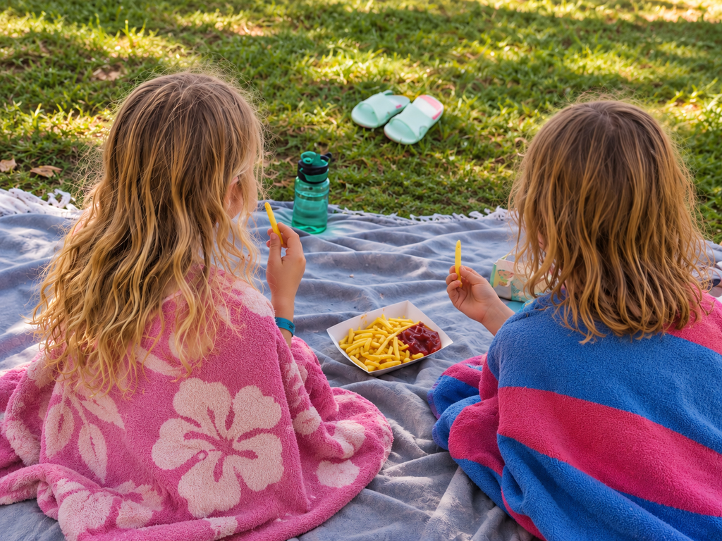 Pommes essen beim Camping de la Piscine Aigle, im Freibad