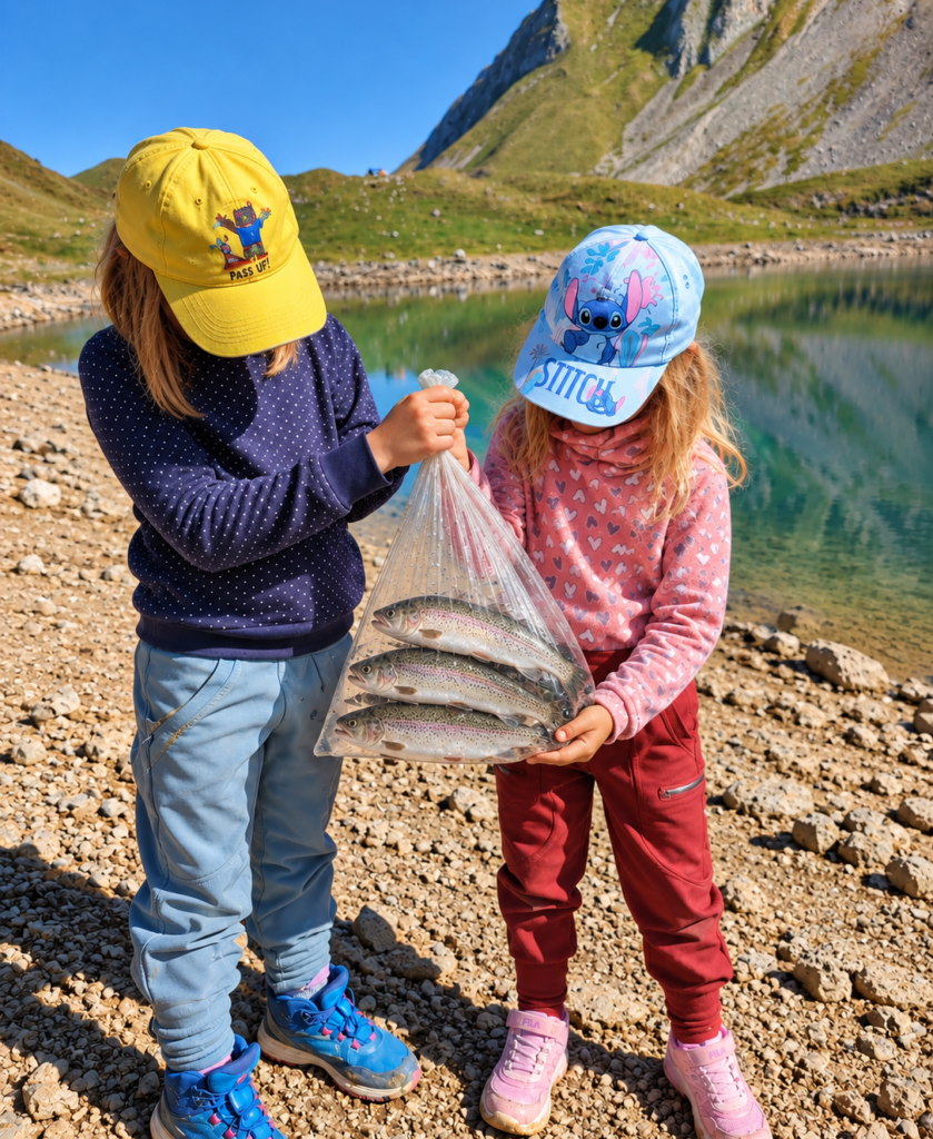 Kinder mit Forellenfang am Eissee
